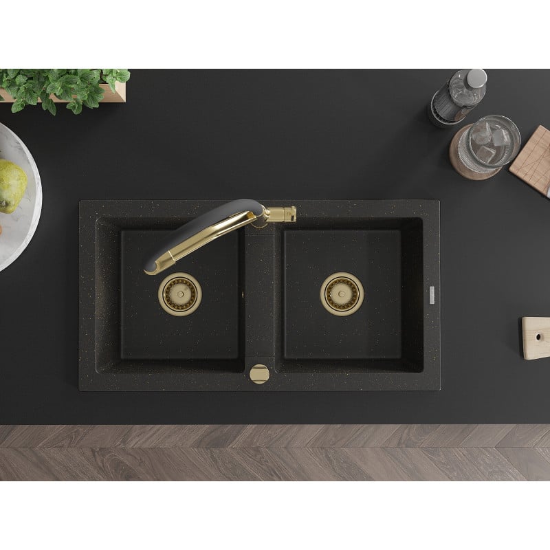 Mexen Mario Granitspüle 2-becken mit Küchenarmatur Duo, schwarz/gold metallic - 6504-75-671701-57-G