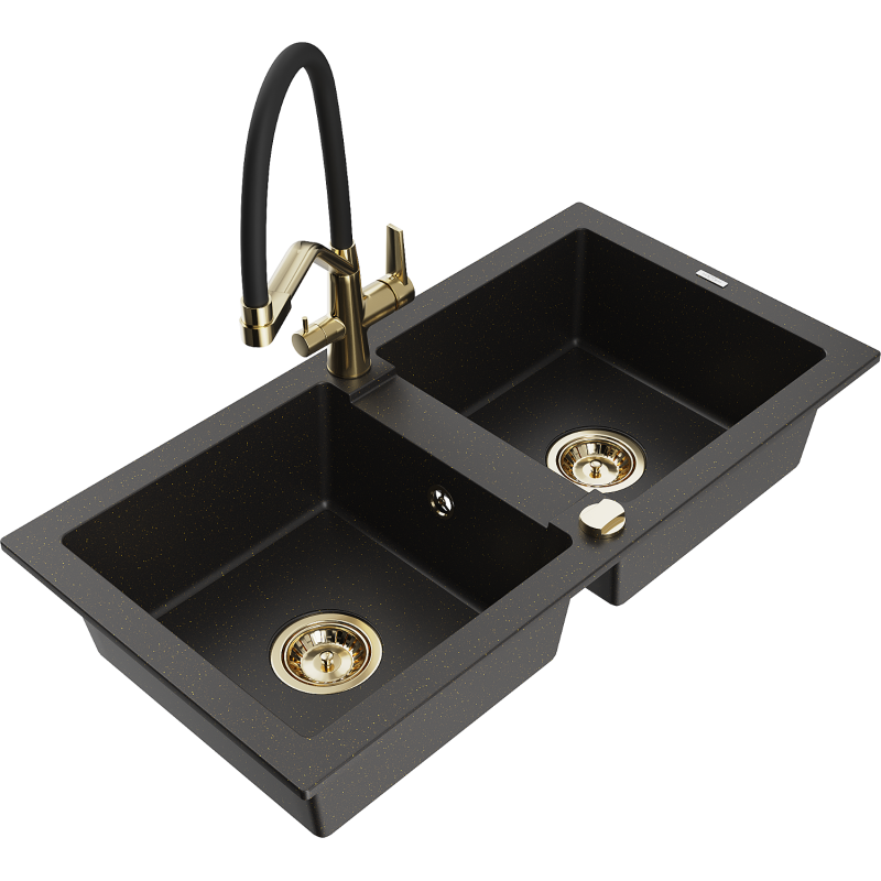 Mexen Mario Granitspüle 2-becken mit Küchenarmatur Duo, schwarz/gold metallic - 6504-75-671701-57-G