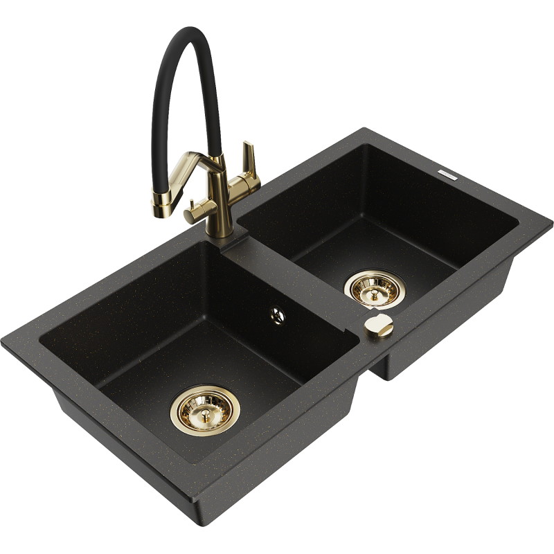 Mexen Mario Granitspüle 2-Kammer mit Küchenarmatur Duo, schwarz/gold metallic - 6504-75-671701-57-G