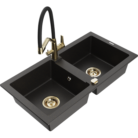 Mexen Mario Granitspüle 2-becken mit Küchenarmatur Duo, schwarz/gold metallic - 6504-75-671701-57-G