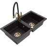 Mexen Mario Granitspüle 2-becken mit Küchenarmatur Duo, schwarz/gold metallic - 6504-75-671701-57-G