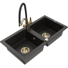 Mexen Mario Granitspüle 2-Kammer mit Küchenarmatur Duo, schwarz/gold metallic - 6504-75-671701-57-G