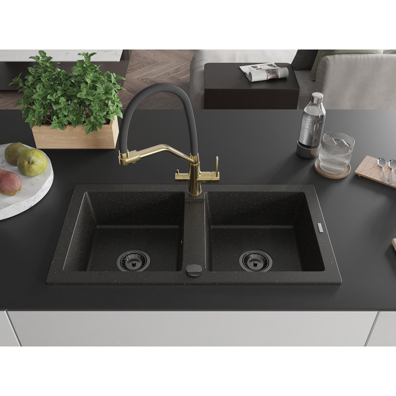 Mexen Mario Granitspüle 2-Kammer mit Küchenarmatur Duo, schwarz/gold metallic - 6504-75-671701-57-B