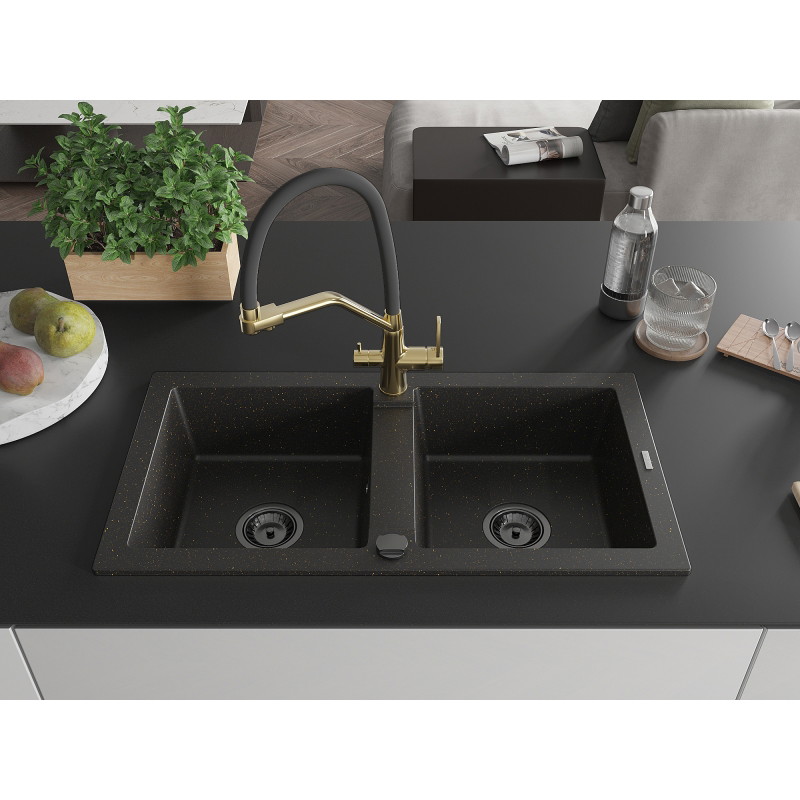 Mexen Mario Granitspüle 2-Kammern mit Küchenarmatur Duo, schwarz/gold metallic - 6504-75-671701-57-B