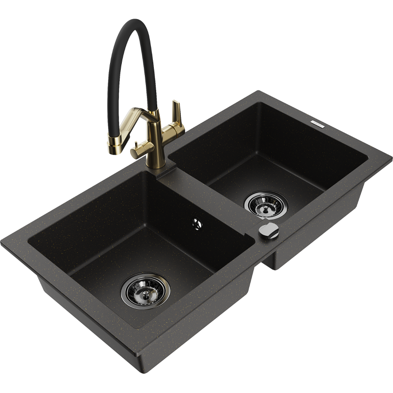 Mexen Mario Granitspüle 2-Kammer mit Küchenarmatur Duo, schwarz/gold metallic - 6504-75-671701-57-B