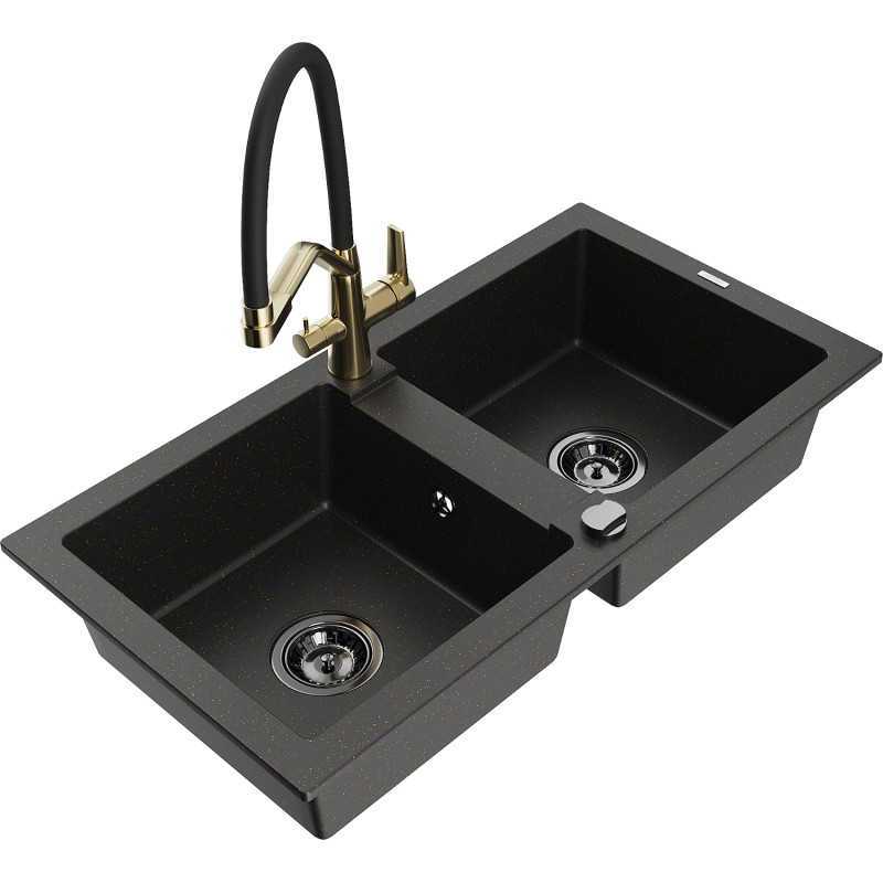 Mexen Mario Granitspüle 2-Kammern mit Küchenarmatur Duo, schwarz/gold metallic - 6504-75-671701-57-B