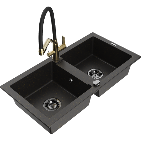 Mexen Mario Granitspüle 2-Kammer mit Küchenarmatur Duo, schwarz/gold metallic - 6504-75-671701-57-B
