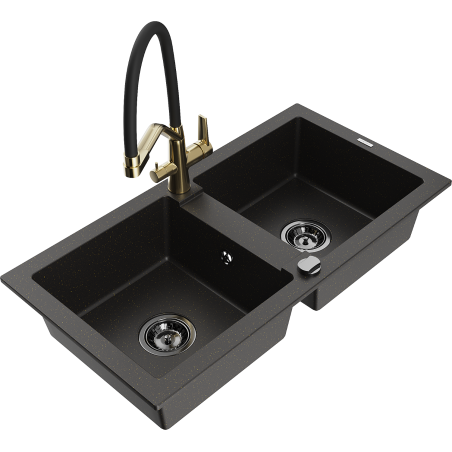 Mexen Mario granitspüle 2-Kammer mit Küchenarmatur Duo, schwarz/goldener metallic - 6504-75-671701-57-B