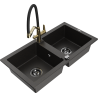 Mexen Mario Granitspüle 2-Kammer mit Küchenarmatur Duo, schwarz/gold metallic - 6504-75-671701-57-B