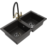 Mexen Mario Granitspüle 2-Kammern mit Küchenarmatur Duo, schwarz/gold metallic - 6504-75-671701-57-B