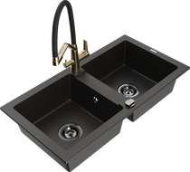 Mexen Mario Granitspüle 2-Kammer mit Küchenarmatur Duo, schwarz/gold metallic - 6504-75-671701-57-B