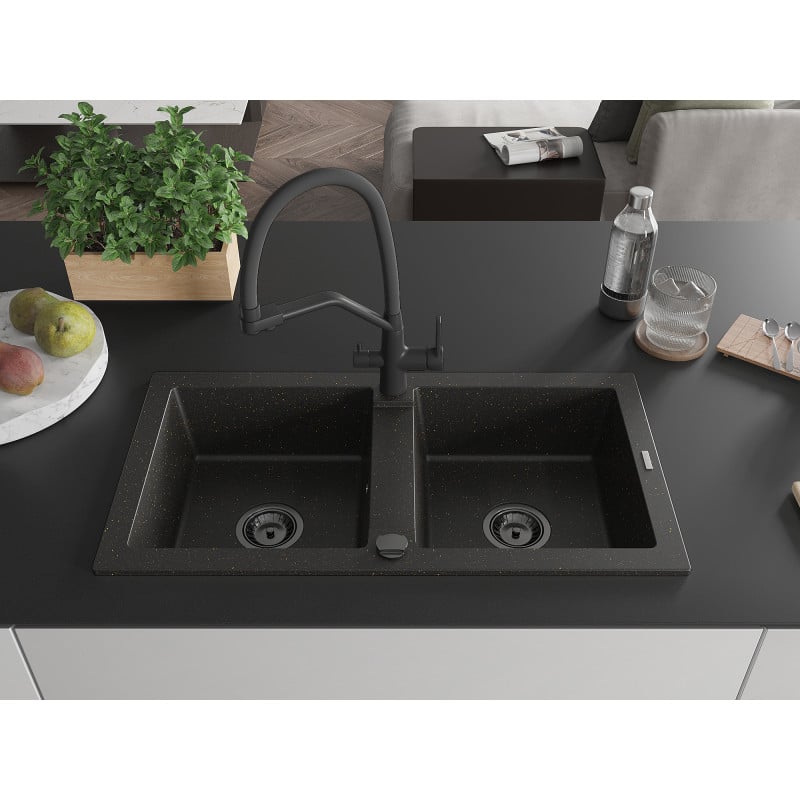 Mexen Mario Granitspüle 2-Kammer mit Küchenarmatur Duo, Schwarz/Gold Metallic - 6504-75-671701-70-B