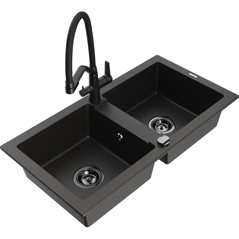 Mexen Mario Granitspüle 2-Kammer mit Küchenarmatur Duo, Schwarz/Gold Metallic - 6504-75-671701-70-B