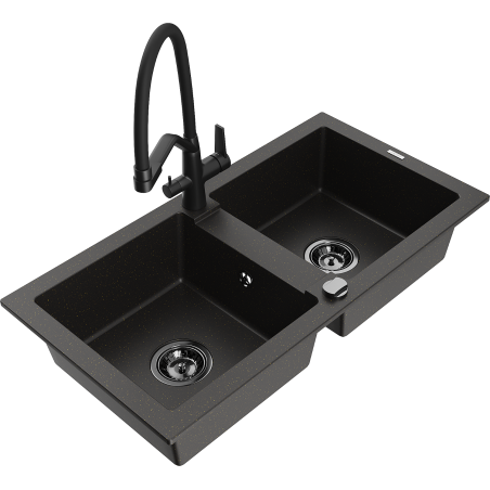 Mexen Mario Granitspüle 2-Kammer mit Küchenarmatur Duo, Schwarz/Gold Metallic - 6504-75-671701-70-B