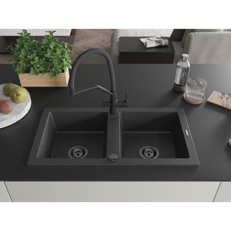 Mexen Mario 2-Kammer Granitspüle mit Küchenarmatur Duo, schwarz gesprenkelt - 6504-76-671701-70-B