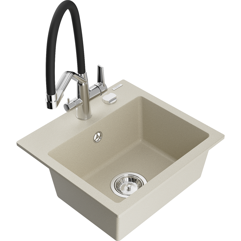 Mexen Milo Granitspüle 1-Becken mit Küchenarmatur Duo, beige - 6505-69-671701-07