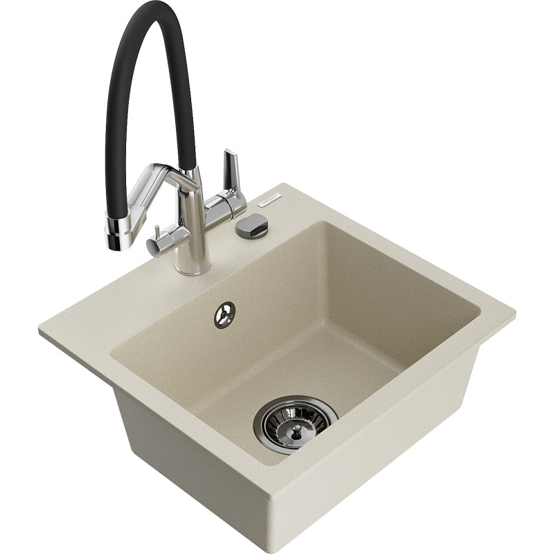 Mexen Milo Granitspüle 1-beckig mit Küchenarmatur Duo, beige - 6505-69-671701-07-B