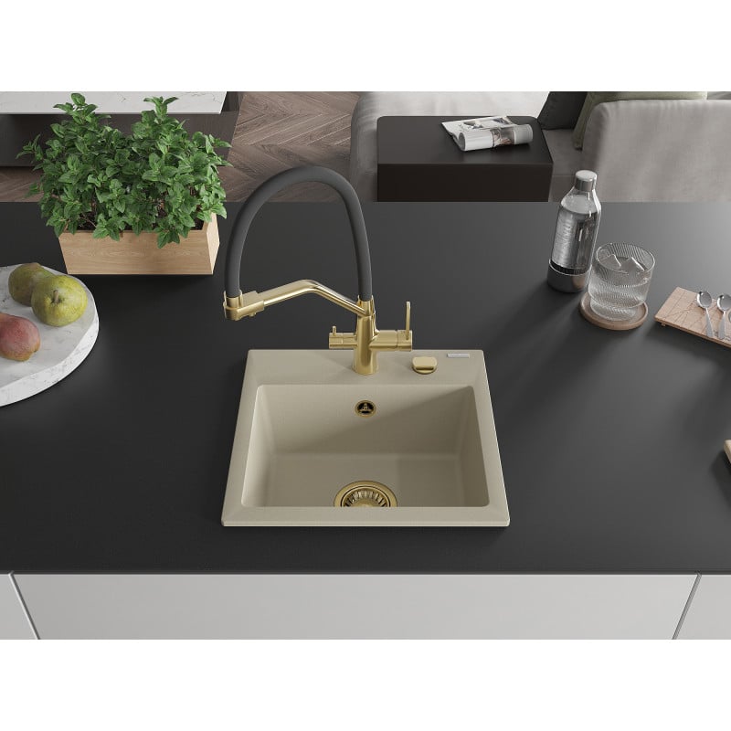 Mexen Milo Granitspüle 1-becken mit Küchenarmatur Duo, Beige - 6505-69-671701-57-G