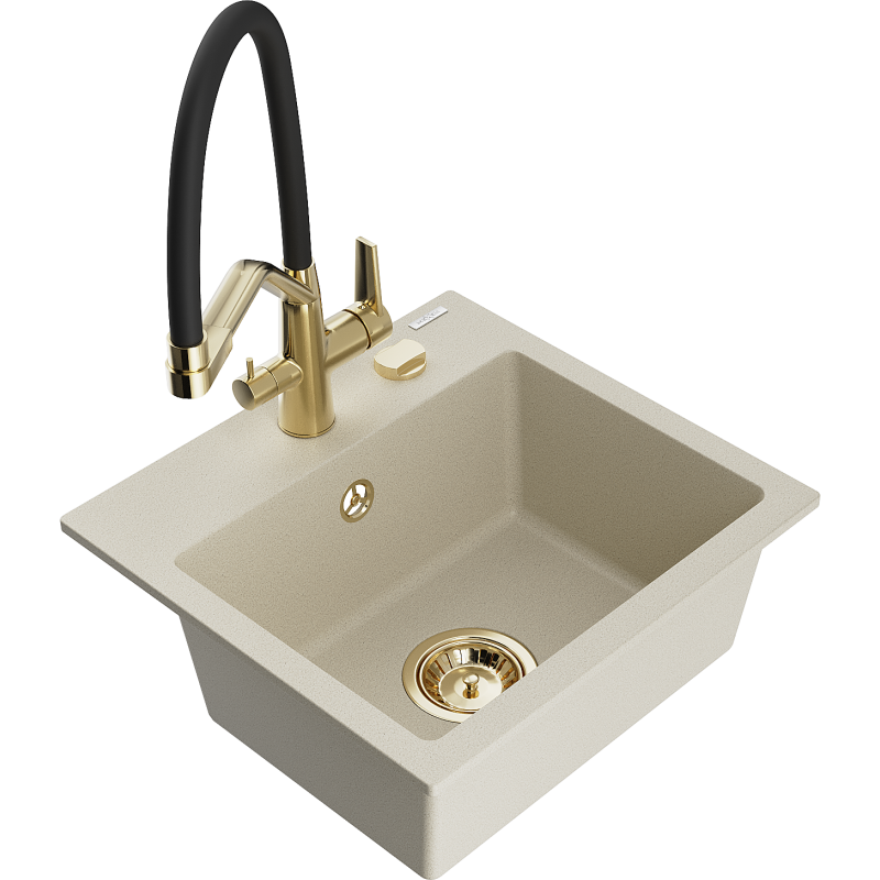 Mexen Milo Granitspüle 1-becken mit Küchenarmatur Duo, Beige - 6505-69-671701-57-G