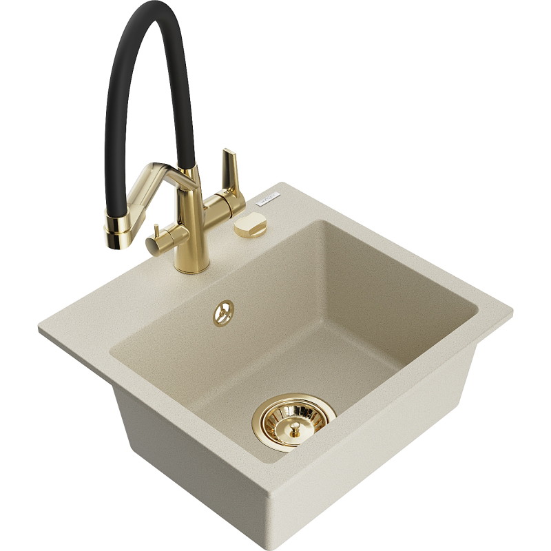 Mexen Milo granitspüle 1-kammer mit küchenarmatur Duo, beige - 6505-69-671701-57-G