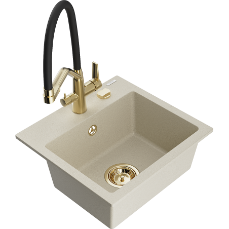 Mexen Milo Granitspüle 1-becken mit Küchenarmatur Duo, Beige - 6505-69-671701-57-G