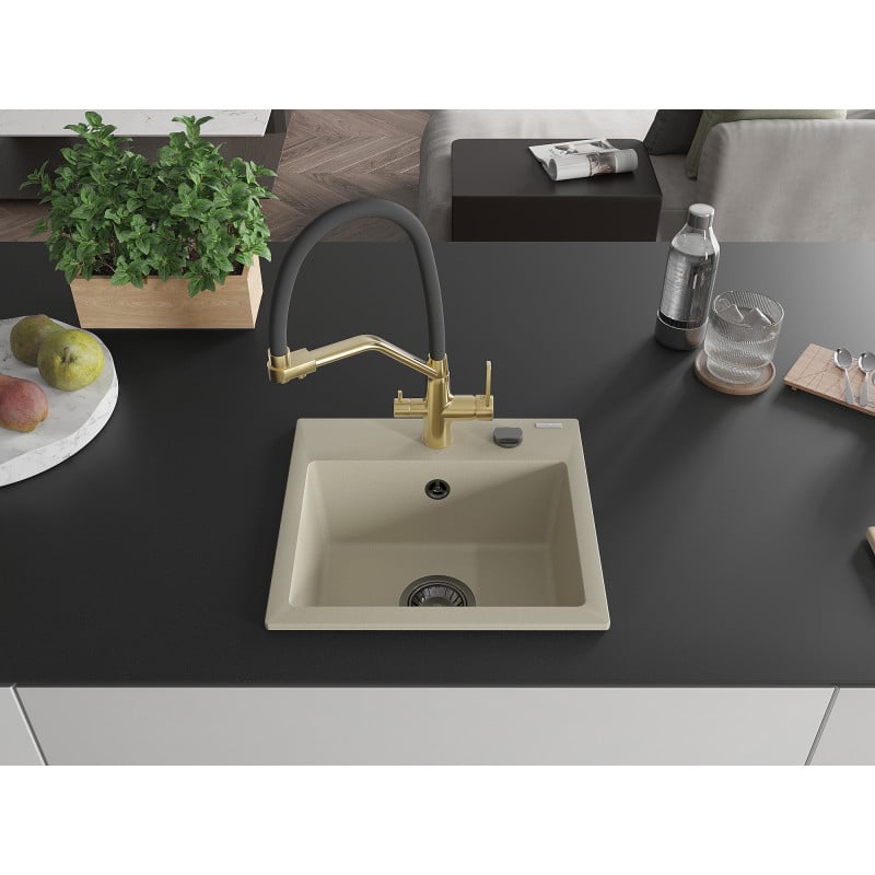 Mexen Milo Granitspüle 1-beckig mit Küchenarmatur Duo, beige - 6505-69-671701-57-B