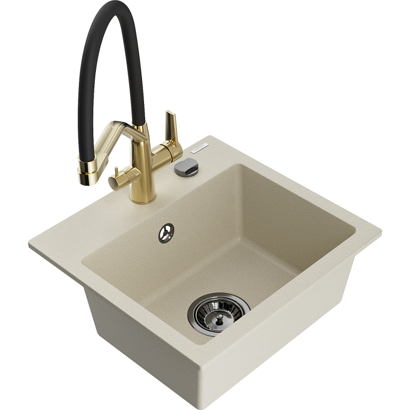 Mexen Milo Granitspüle 1-beckig mit Küchenarmatur Duo, beige - 6505-69-671701-57-B