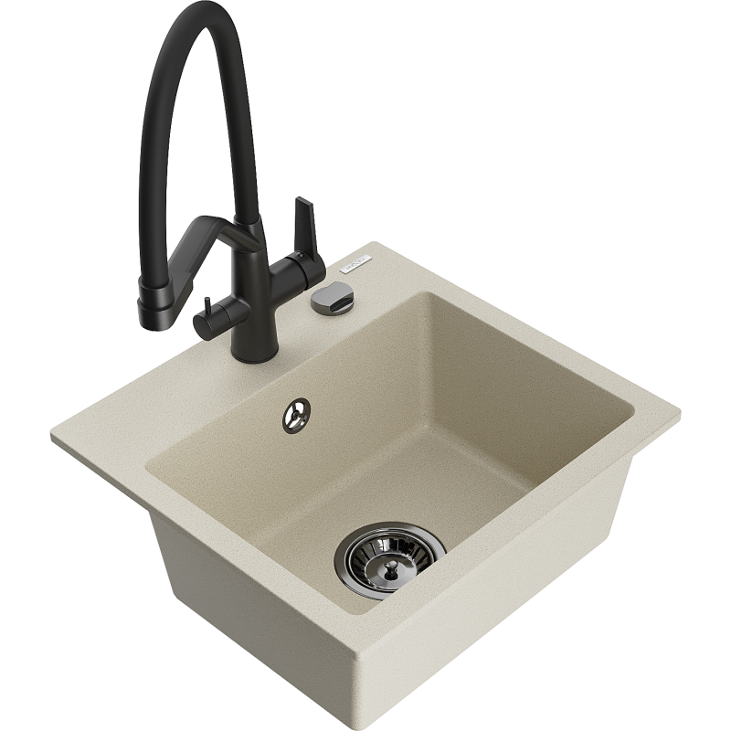 Mexen Milo 1-Becken-Granitspüle mit Mischbatterie Duo, Beige - 6505-69-671701-70-B