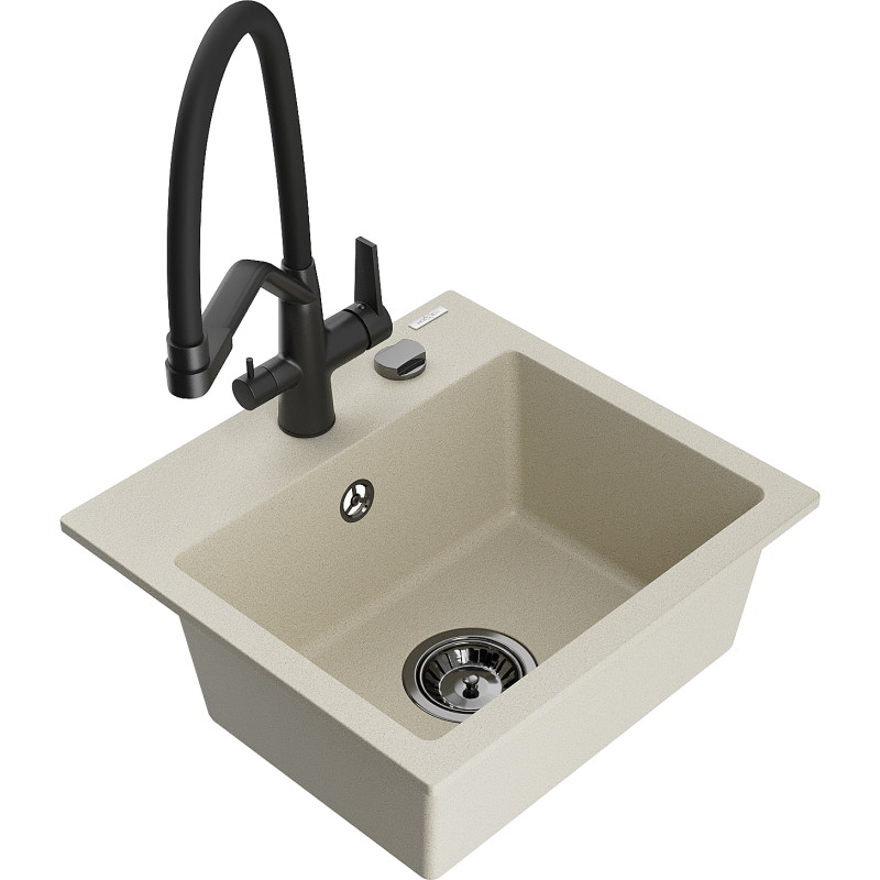 Mexen Milo granitspüle 1-becken mit küchenarmatur Duo, beige - 6505-69-671701-70-B