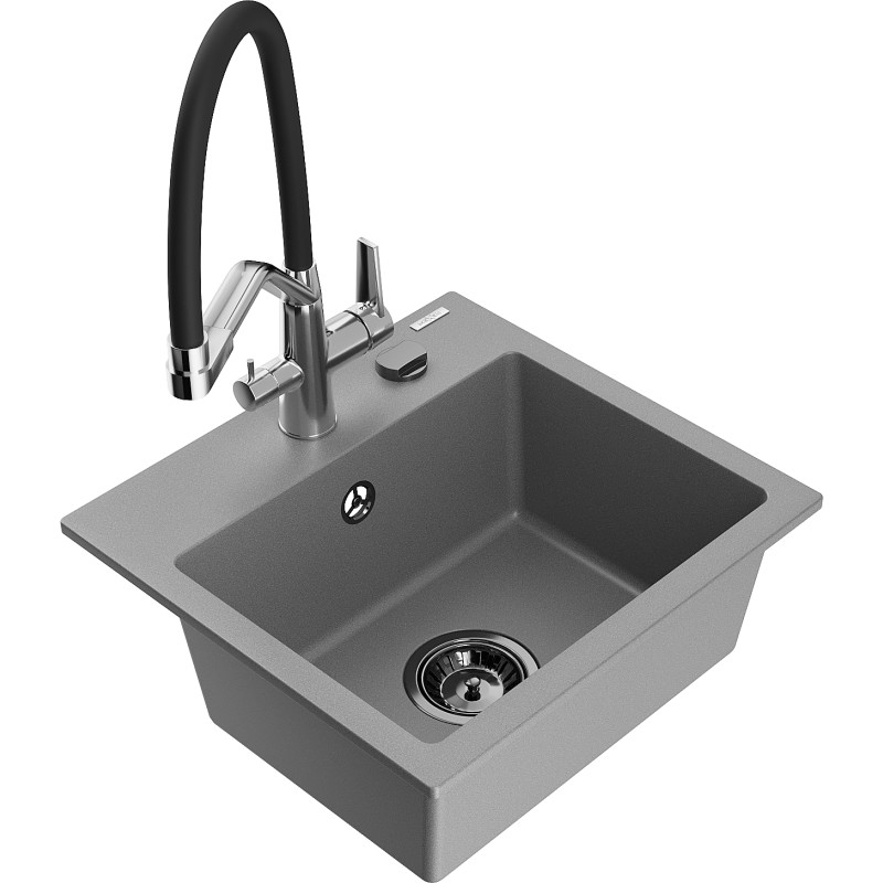 Mexen Milo 1-Becken Granitspüle mit Küchenarmatur Duo, grau - 6505-71-671701-07-B