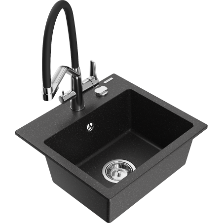 Mexen Milo Granitspüle 1-beckig mit Küchenarmatur Duo, schwarz/silber-metallic - 6505-73-671701-07
