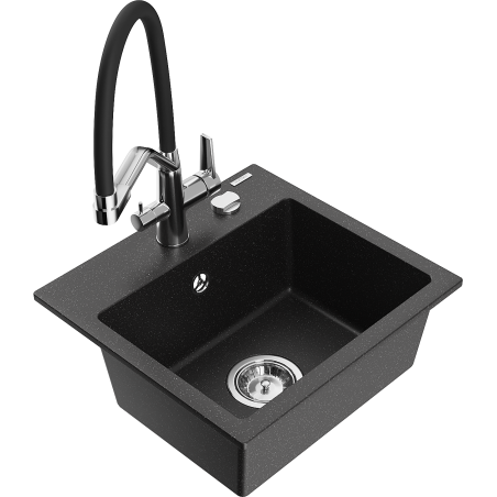 Mexen Milo Granitspüle 1-beckig mit Küchenarmatur Duo, schwarz/silbermetallic - 6505-73-671701-07