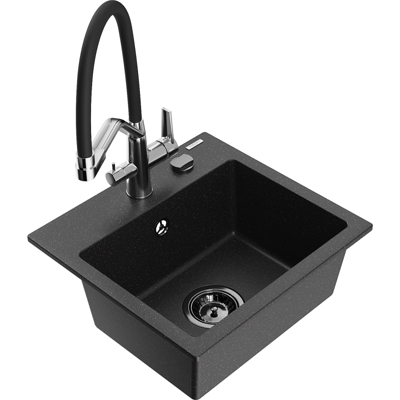 Mexen Milo Granitspüle 1-beckig mit Küchenarmatur Duo, schwarz/silber metallic - 6505-73-671701-07-B