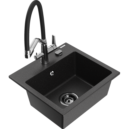 Mexen Milo Granitspüle 1-Becken mit Küchenarmatur Duo, schwarz/silber metallic - 6505-73-671701-07-B