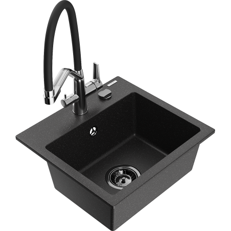 Mexen Milo Granitspüle 1-beckig mit Küchenarmatur Duo, schwarz/silber metallic - 6505-73-671701-07-B