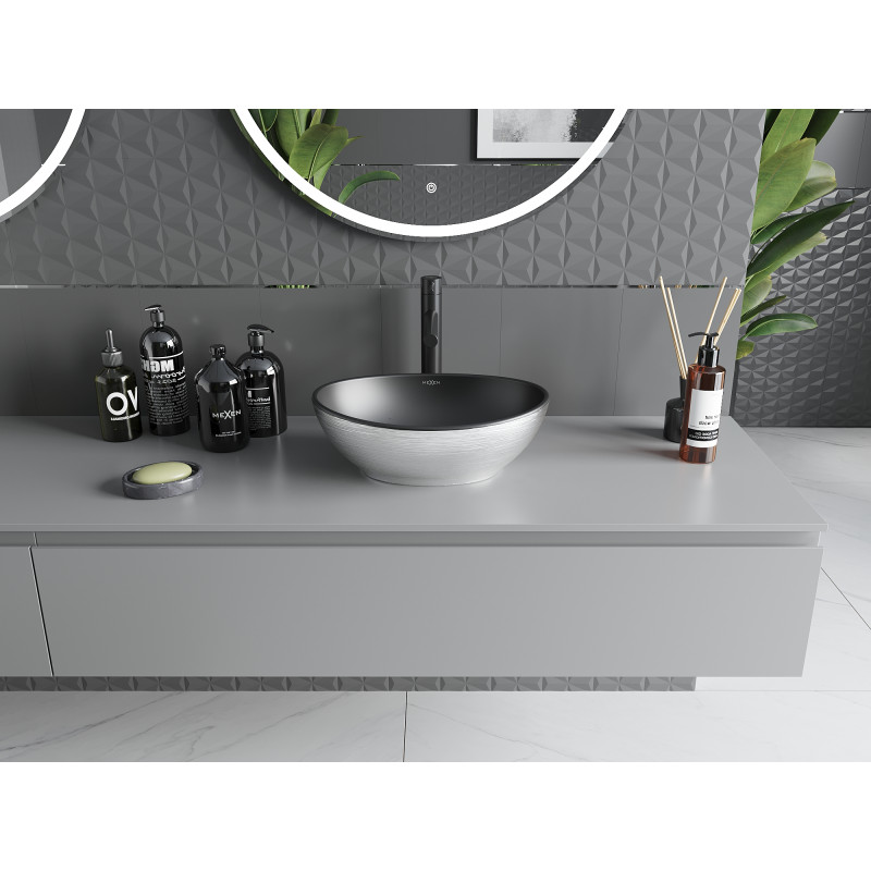 Mexen Elza Waschbecken Aufsatzwaschbecken 40 x 33 cm, schwarz matt/silbernes Linienmuster - 21014023
