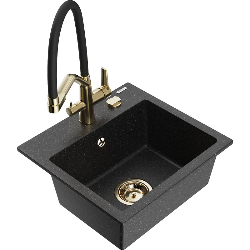 Mexen Milo Granitspüle 1-beckig mit Küchenarmatur Duo, schwarz/silber-metallic - 6505-73-671701-57-G