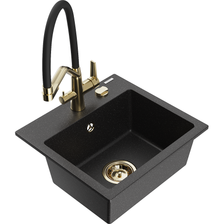 Mexen Milo Granitspüle 1-beckig mit Küchenarmatur Duo, schwarz/silber-metallic - 6505-73-671701-57-G