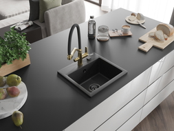 Mexen Milo Granitspüle, 1-beckig, mit Küchenarmatur Duo, schwarz/silber metallic - 6505-73-671701-57-B