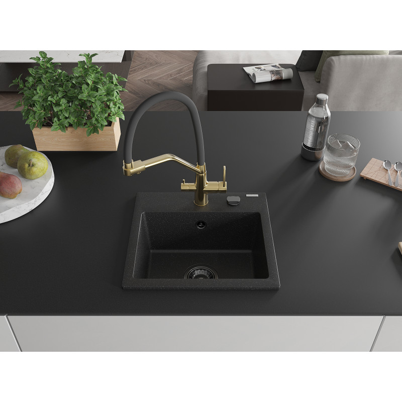 Mexen Milo Granitspüle, 1-beckig, mit Küchenarmatur Duo, schwarz/silber metallic - 6505-73-671701-57-B