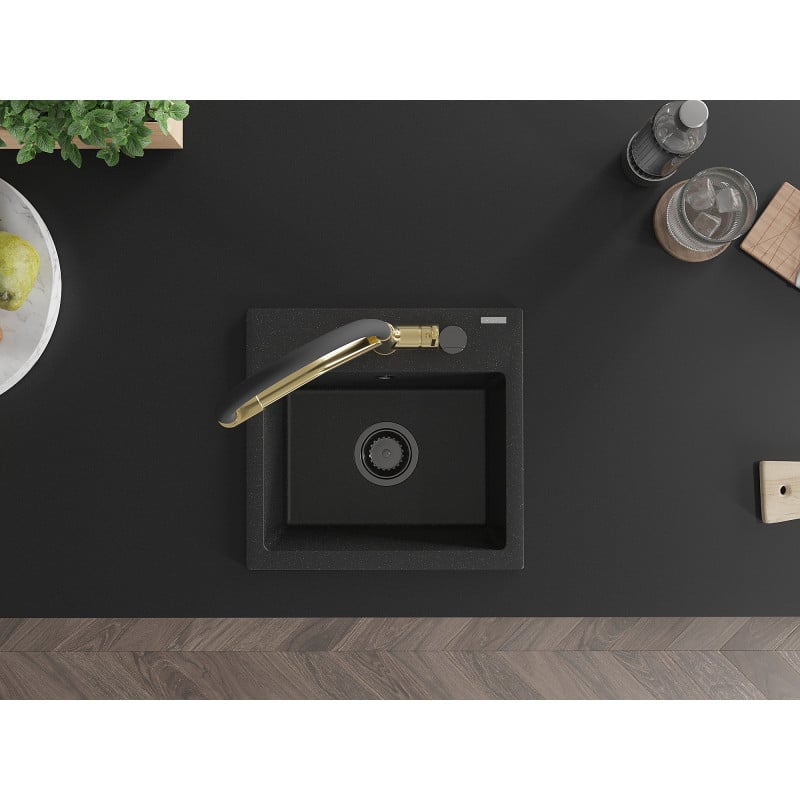 Mexen Milo Granitspüle, 1-beckig, mit Küchenarmatur Duo, schwarz/silber metallic - 6505-73-671701-57-B