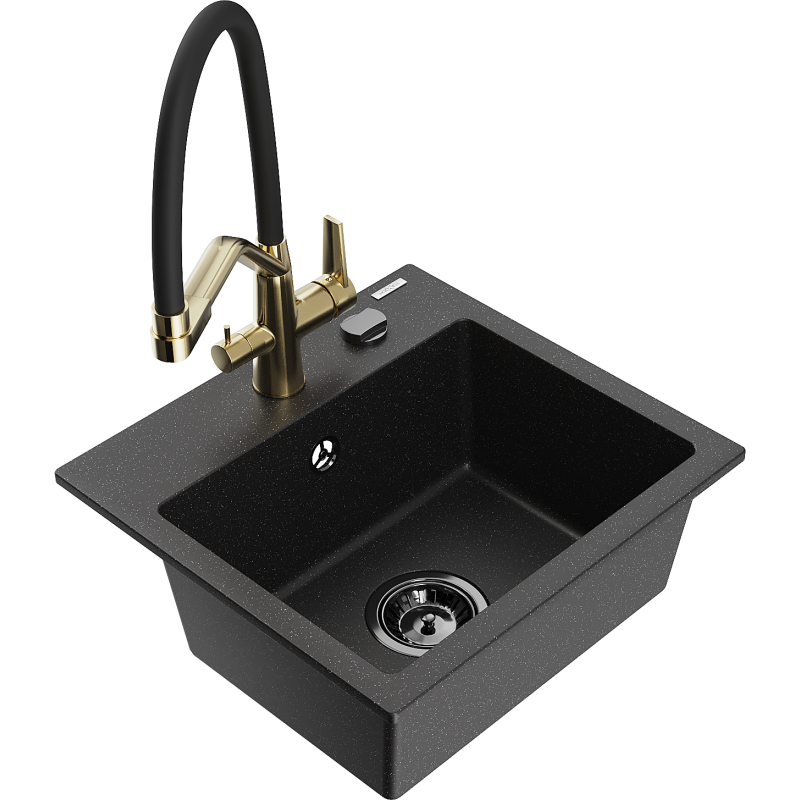 Mexen Milo Granitspüle, 1-beckig, mit Küchenarmatur Duo, schwarz/silber metallic - 6505-73-671701-57-B