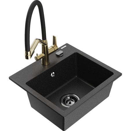 Mexen Milo Granitspüle, 1-beckig, mit Küchenarmatur Duo, schwarz/silber metallic - 6505-73-671701-57-B