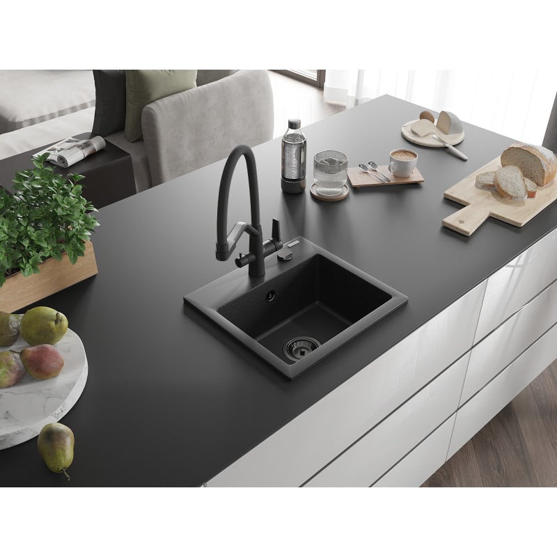 Mexen Milo Granitspüle 1-Becken mit Küchenarmatur Duo, schwarz/silber Metallic - 6505-73-671701-70-B