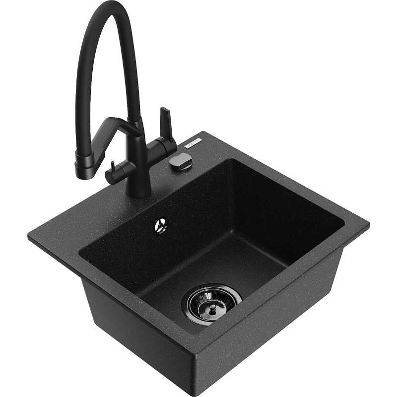 Mexen Milo Granitspüle 1-Becken mit Küchenarmatur Duo, schwarz/silber Metallic - 6505-73-671701-70-B