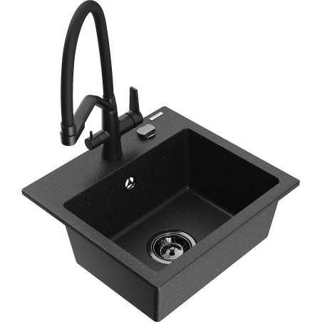 Mexen Milo Granitspüle 1-Becken mit Küchenarmatur Duo, schwarz/silber Metallic - 6505-73-671701-70-B