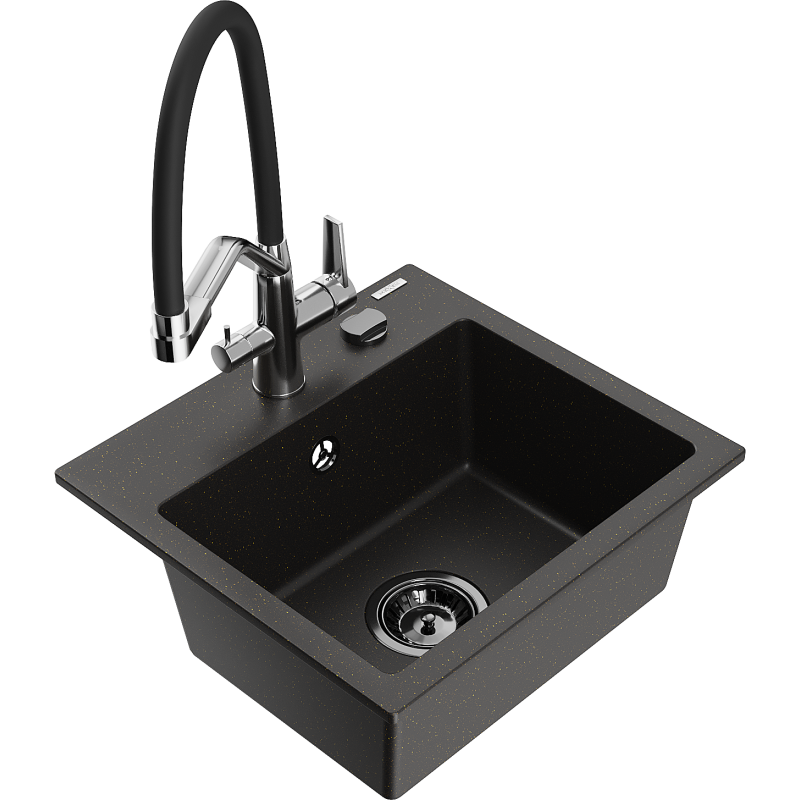 Mexen Milo Granitspüle 1-Becken mit Küchenarmatur Duo, schwarz/gold Metallic - 6505-75-671701-07-B