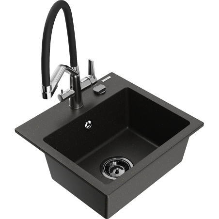 Mexen Milo Granitspüle 1-Becken mit Küchenarmatur Duo, schwarz/gold Metallic - 6505-75-671701-07-B