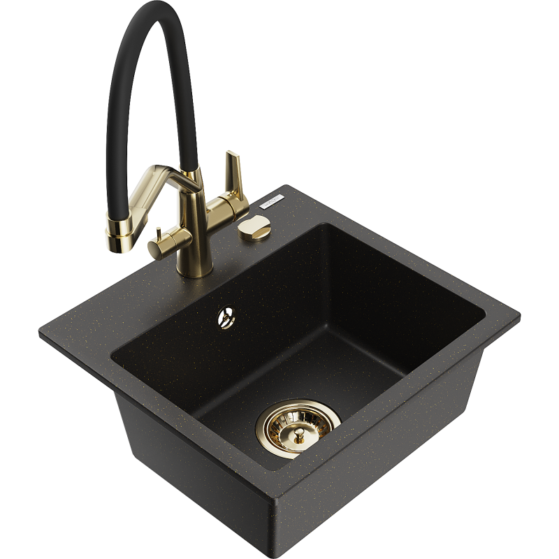 Mexen Milo Granitspüle 1-Becken mit Küchenarmatur Duo, Schwarz/Gold Metallic - 6505-75-671701-57-G
