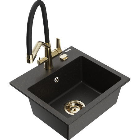Mexen Milo Granitspüle 1-Becken mit Küchenarmatur Duo, Schwarz/Gold Metallic - 6505-75-671701-57-G